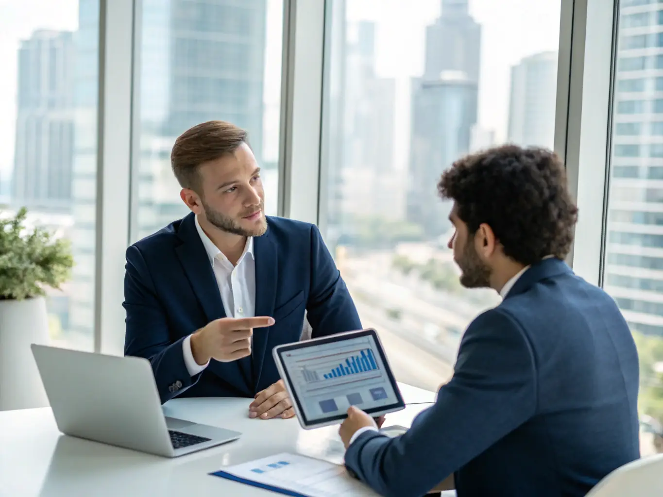 A consultant in a modern office setting, reviewing AI implementation strategies on a tablet with a client, showcasing Alluvion AI's collaborative approach.