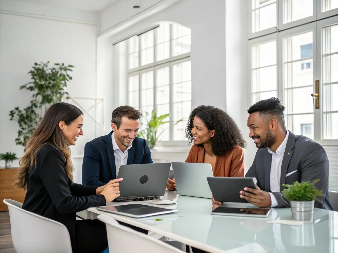 A diverse team of AI specialists brainstorming innovative solutions in a collaborative workspace, emphasizing Alluvion AI's commitment to innovation.