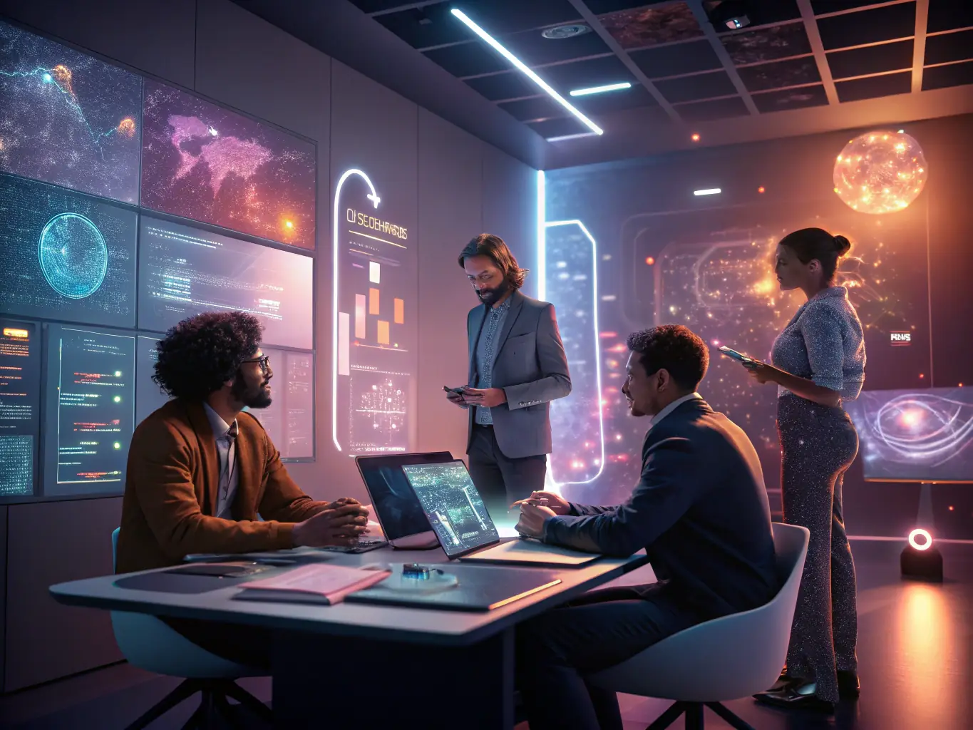 A diverse team of AI consultants brainstorming innovative solutions in a tech-forward environment, highlighting creativity and problem-solving.