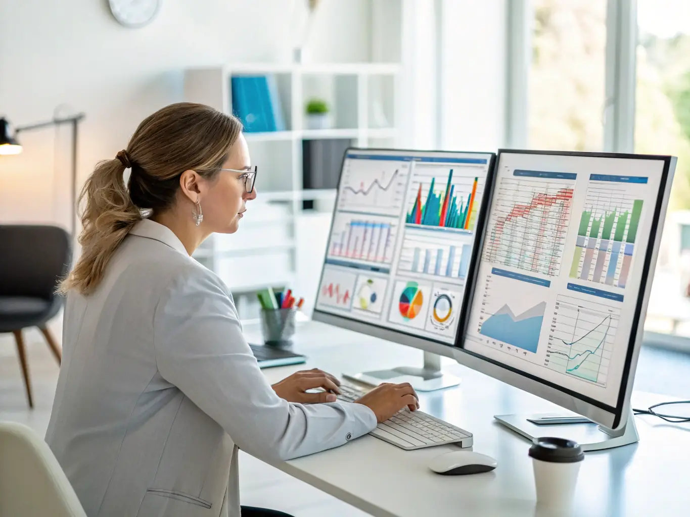 A data scientist analyzing complex datasets on multiple monitors, highlighting Alluvion AI's expertise in data analytics and AI model development.